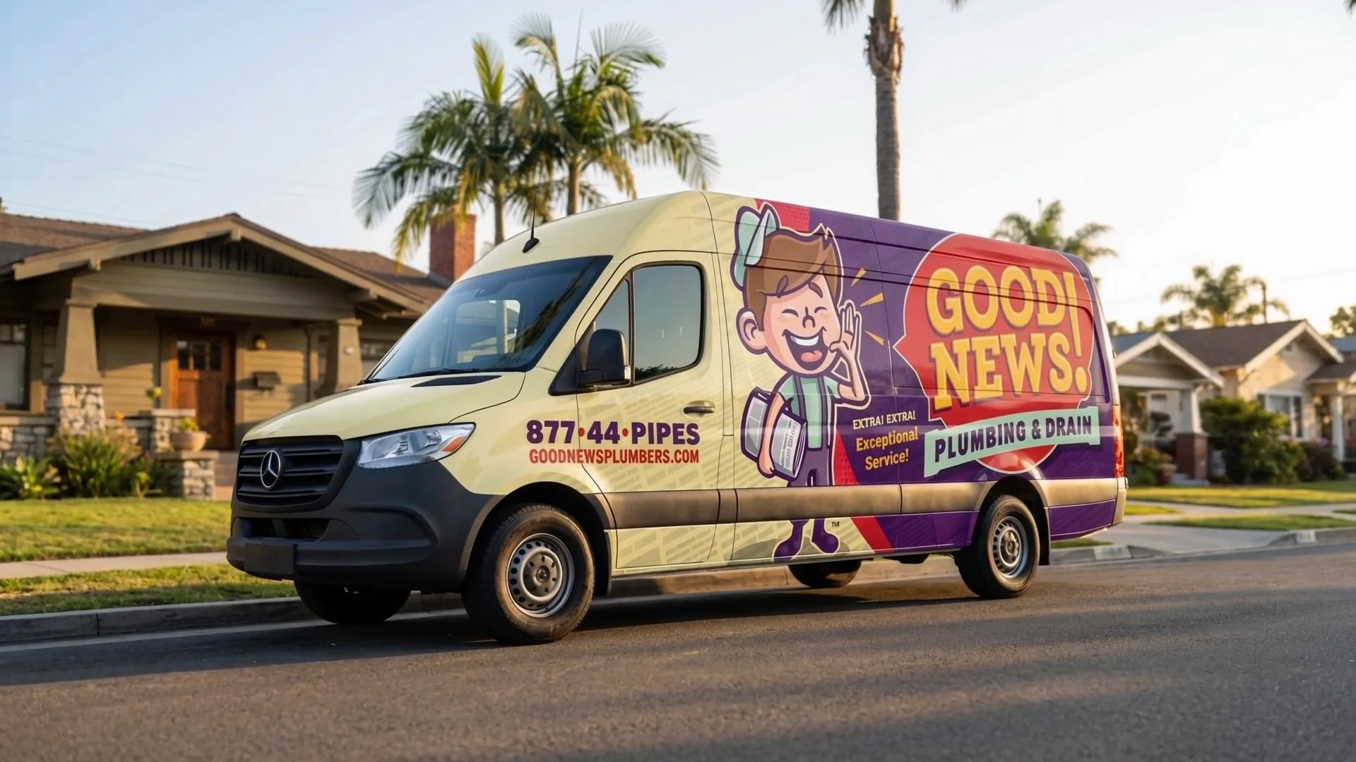 Good News Plumbing & Drain Inc. wrapped service van parked on a residential street